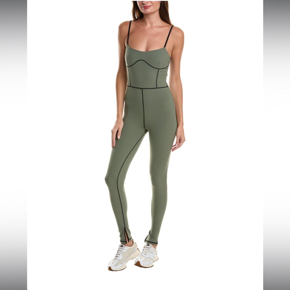 WeWoreWhat Exposed Seam Ankle Flared Activewear Jumpsuit - Army Green - Large